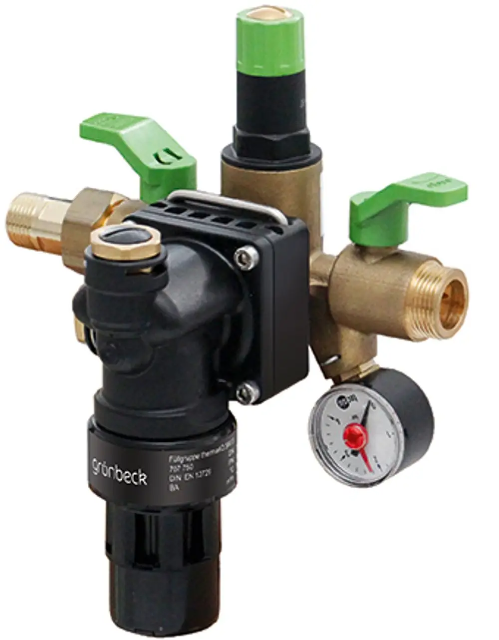 Thermostatische Füllgruppe von Grünbeck mit mehreren Anschlüssen, Regler und grünen Betätigungselementen für die Steuerung des Wasserflusses.